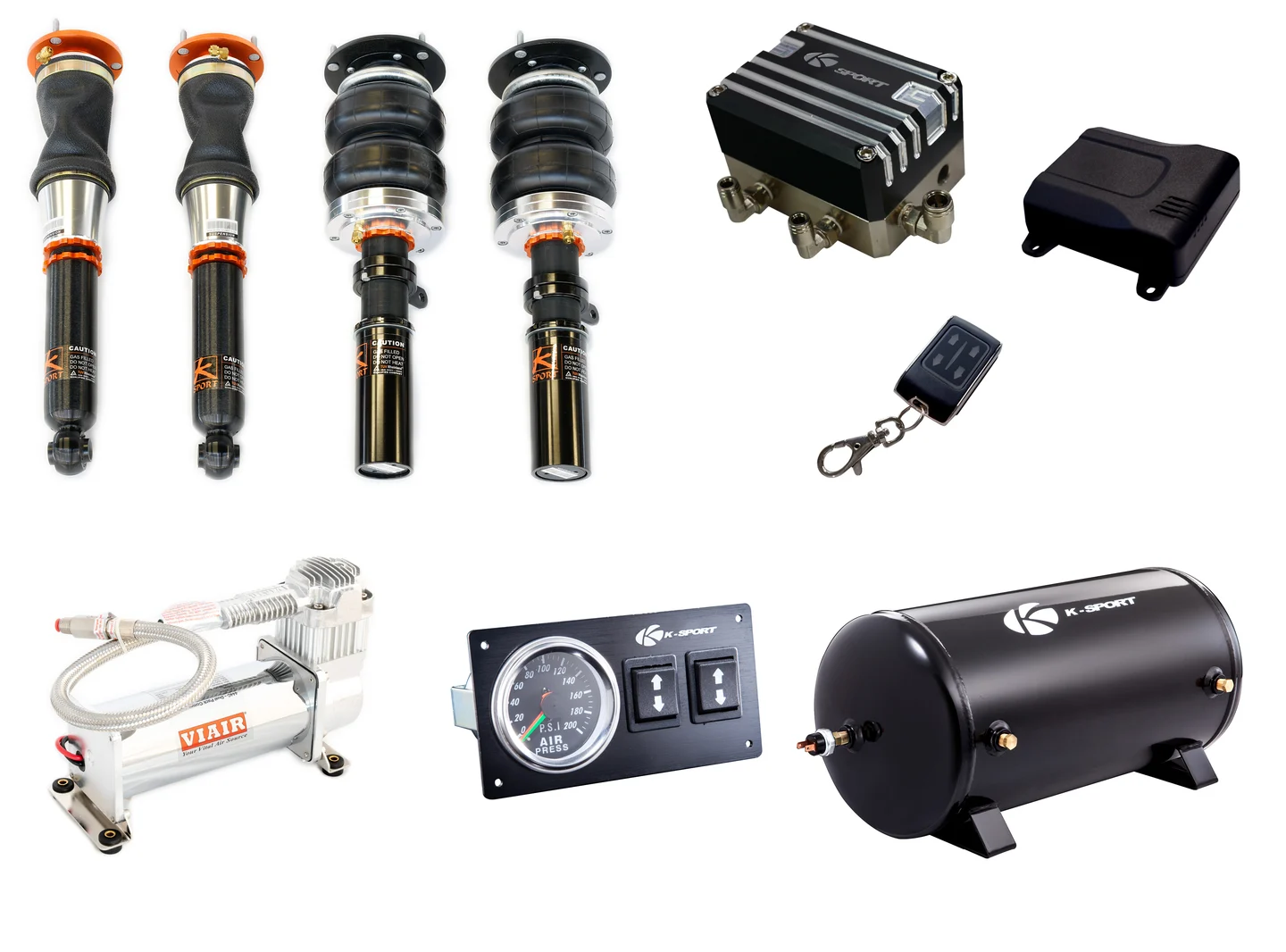 Original current Deluxe kit: four air struts, one compressor, tank, electronic hardware, receiver, remote and gauge/switch panel